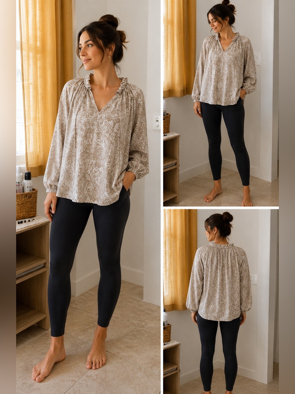 a.n.a Neutral Paisley V-Neck Peasant Blouse - Beige